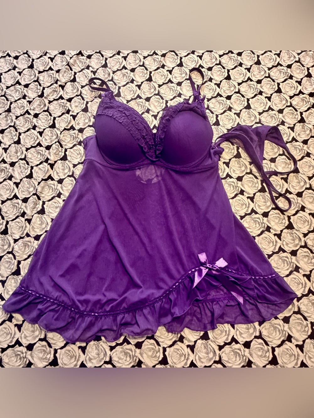 Purple Babydoll 36C L Ruffles Ribbon Lace Trim Chemise Nightwear Going Out